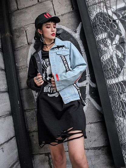 Hip-hop Printed Split-joint Lapel Denim Jacket