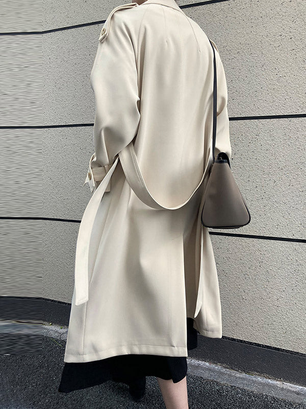 Chic Solid Color Buttoned Tied Notched Collar Long Sleeves Trench Coat