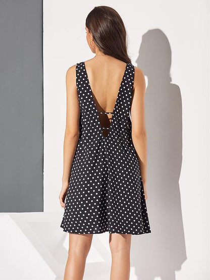 Polka-Dot   V-Neck A-Line  Sleeveless Mini Dress