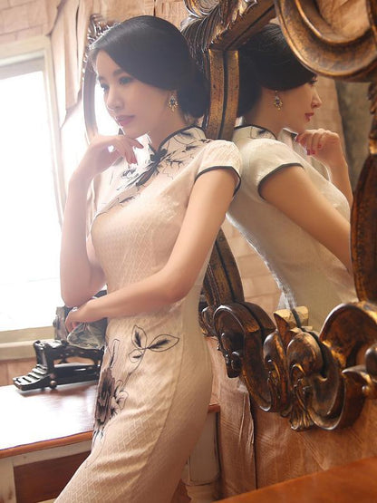 White Leaves Printed Short Cheongsam