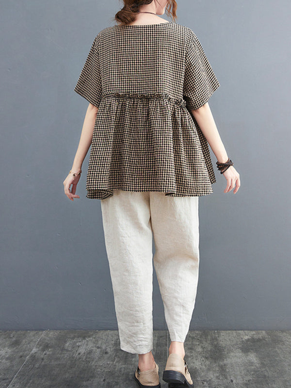 Artistic Retro Loose Plaid Ramie Cotton Falbala T-Shirt Top