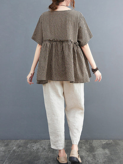 Artistic Retro Loose Plaid Ramie Cotton Falbala T-Shirt Top