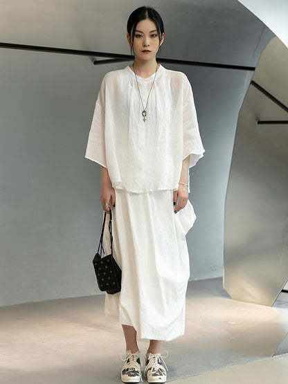 Casual Ramie Cotton Asymmetric Solid Color Irregular Tiered Loose Skirts
