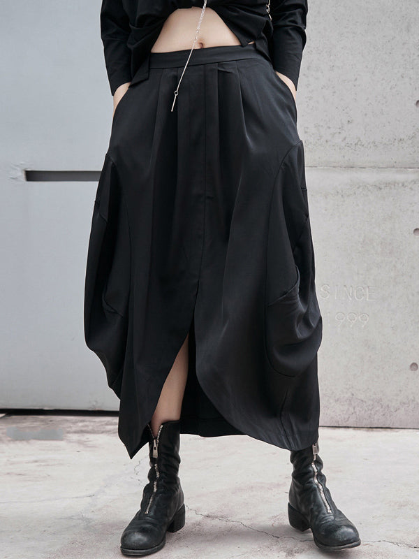 Stylish Black Cropped Split-Front High Waisted A-Line Skirts