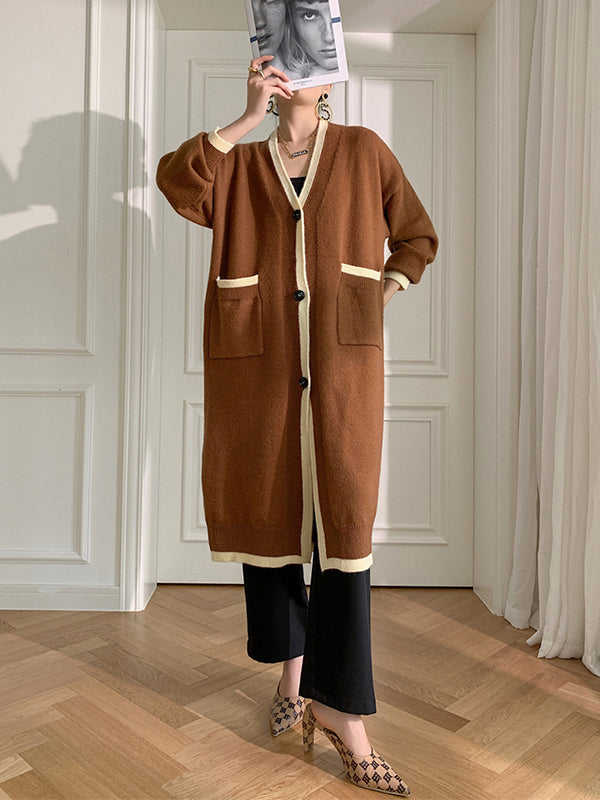 Stylish Loose Long Sleeves Split-Joint V-Neck With Pockets Cardigan Tops