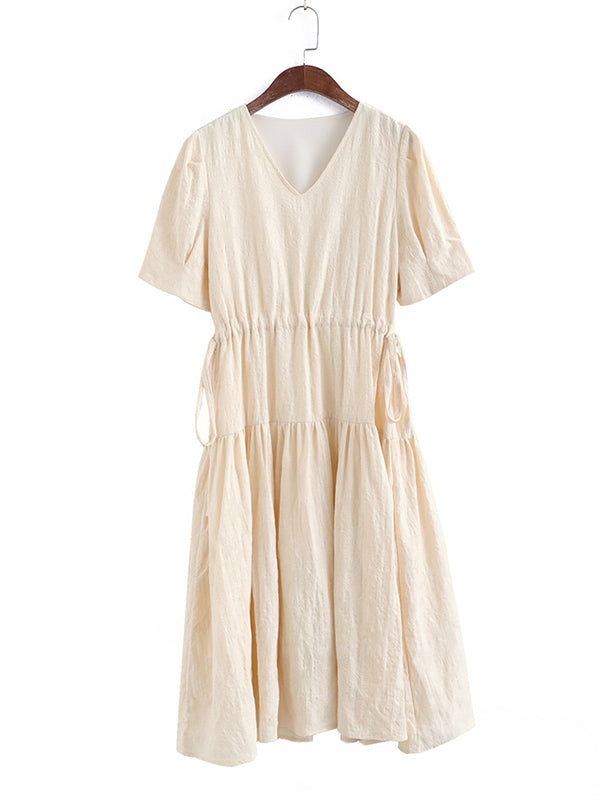 Urban Solid Color V-Neck Drawstring Short Sleeves Midi Dress