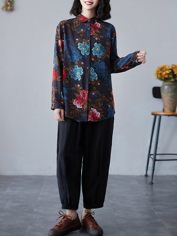 Artistic Retro Floral Printed Buttoned Lapel Collar Long Sleeves Blouse