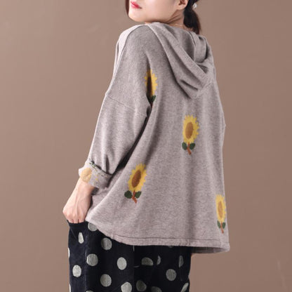 Buykud Casual Floral Printed Loose Knitted Hoodie