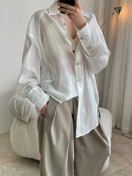 Casual See-Through Sun Protection Lapel Long Sleeves Blouses