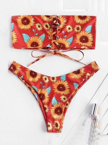 Floral-Print Bandage Bandeau Split Bikini Swimsuit