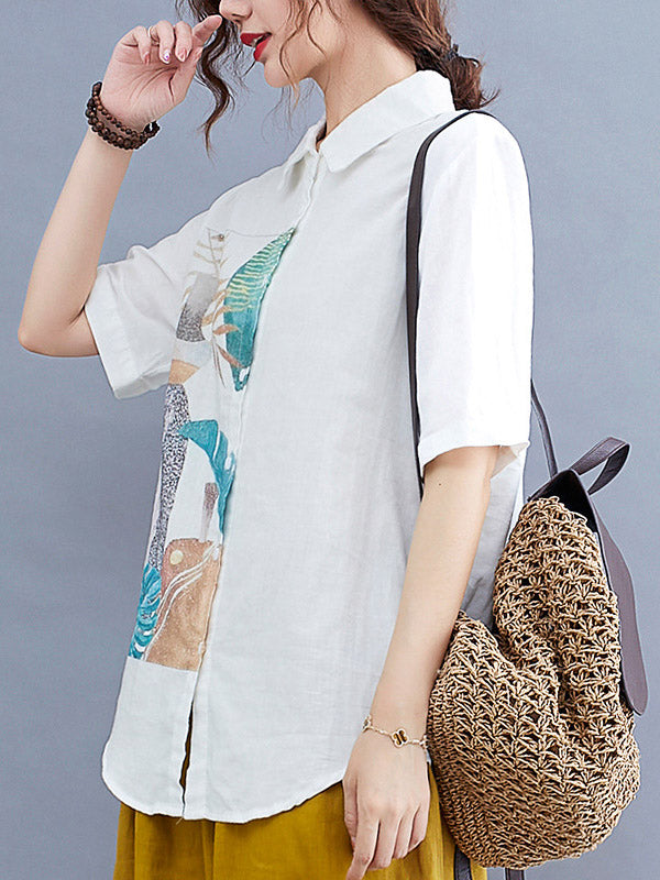 Original Leaves Printing Lapel Blouse