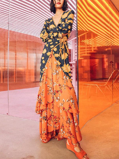 Asymmetric Long Sleeves Bohemia Wrap Dress