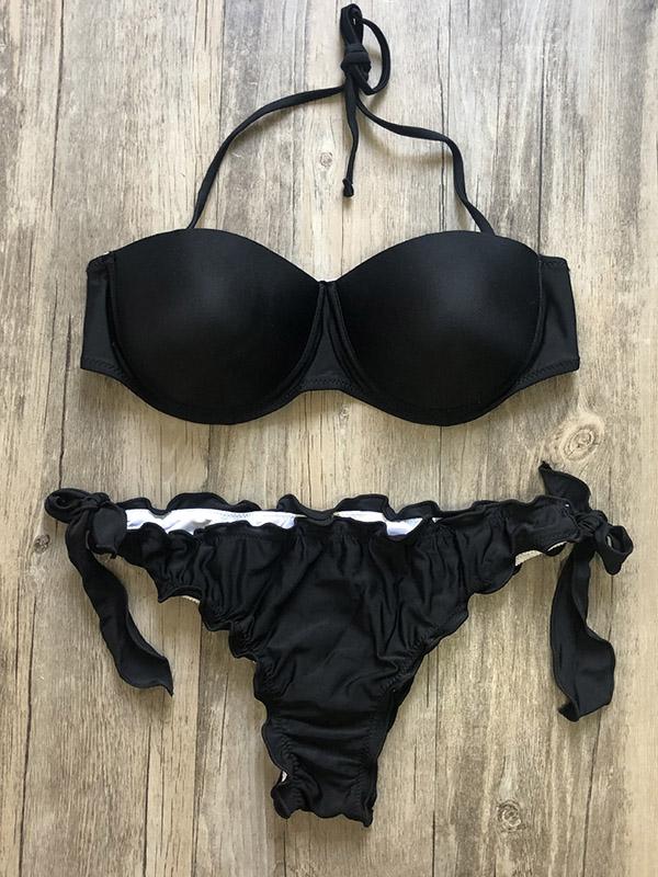 Solid Color Ruffled Knotted Split Bikini Swimsuit