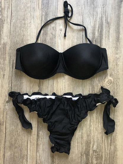 Solid Color Ruffled Knotted Split Bikini Swimsuit