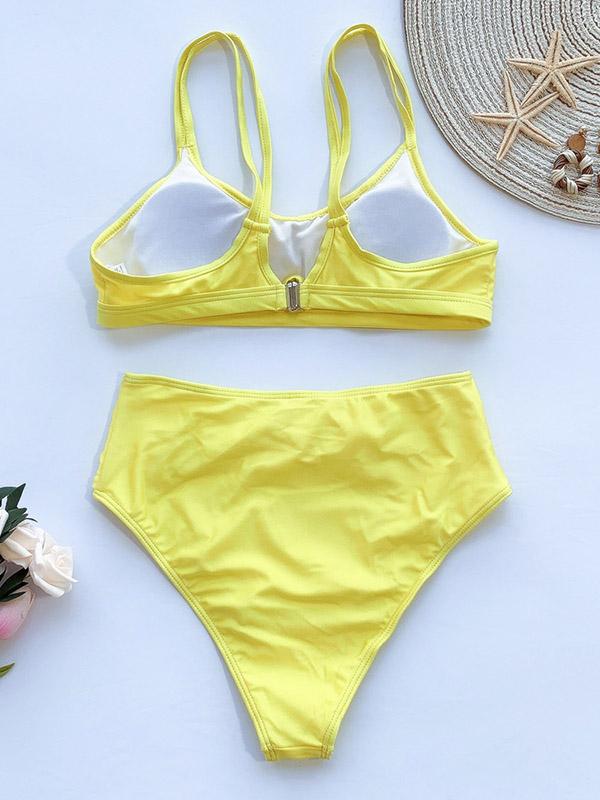Solid Color Belted Split Bikini Swimsuit