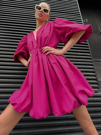 Simple Solid Color Pleated V-Neck Bishop Sleeves  Mini Dress
