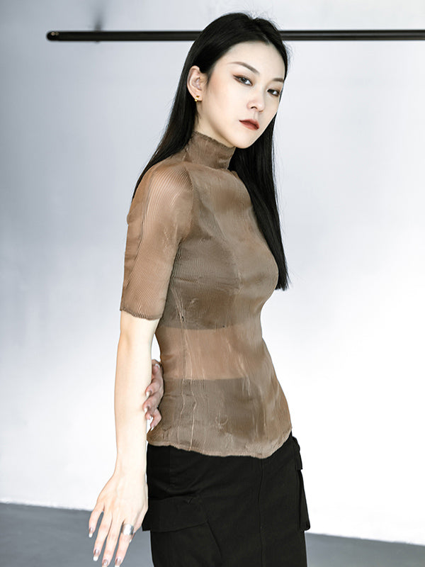 Original Solid Color High-Neck Long Sleeve See-Through T-Shirts Tops