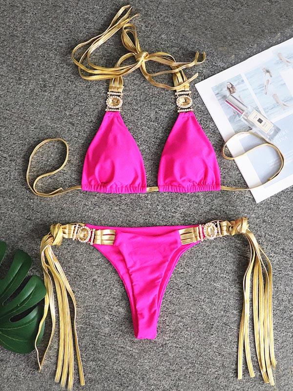 Gorgeous Embellished Triangles Bandage Split Bikini Swimsuit