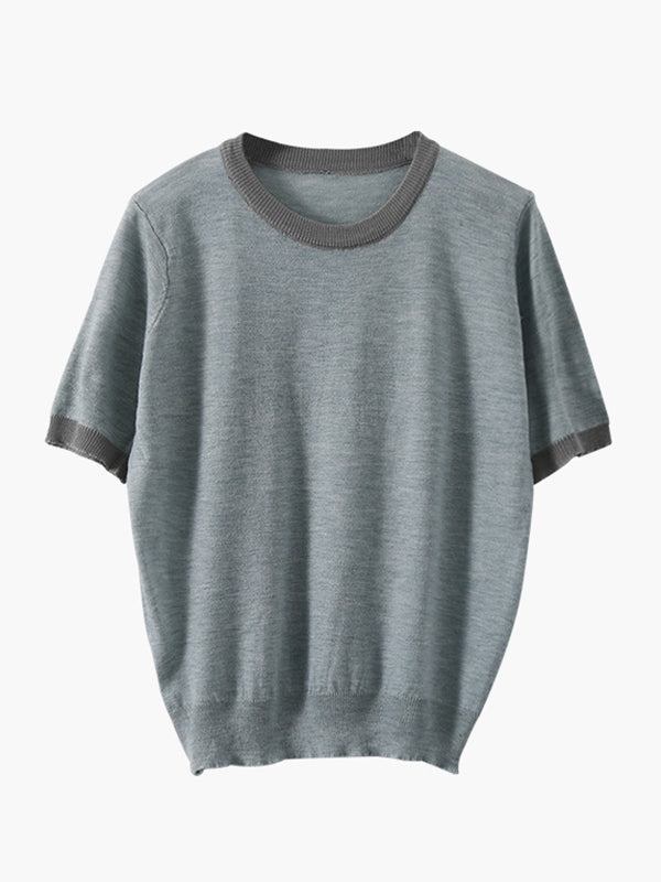 Casual Knitting Round-Neck Contrast Color T-Shirts Tops