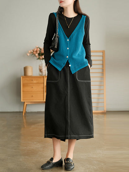 Simple Solid Color Buttoned V-Neck Hollow Vest Tops