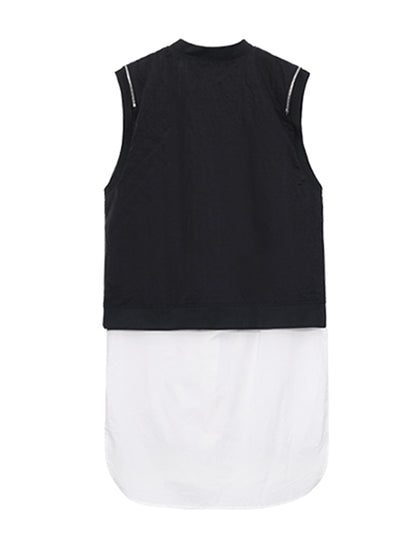 Cool Street Split-Joint Zipper Buttoned Round-Neck Sleeveless False Two Vest Outwear