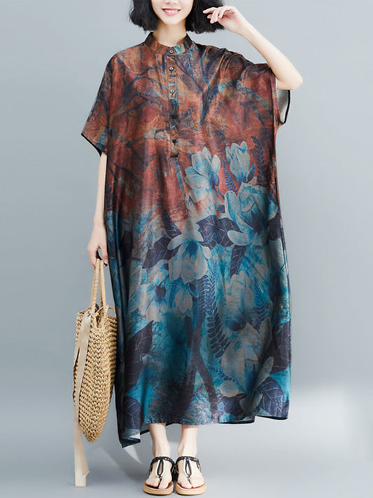 Vintage Loose Printed Stand Collar Batwing Sleeves Maxi Dress