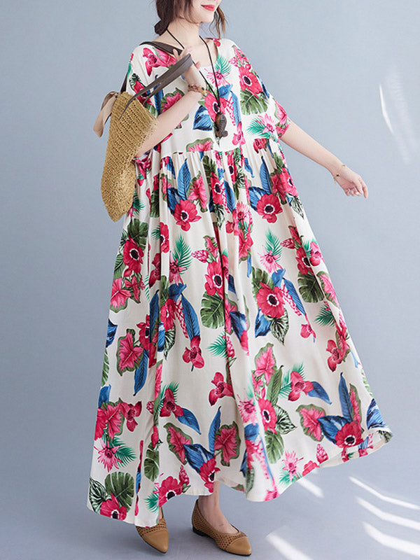 Artistic Retro Loose Floral Printed Pleated Round-Neck Half Sleeves Midi Dress