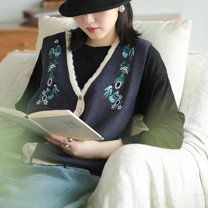 Buykud Wavy Edge Embroidery Cardigan Retro Waistcoat