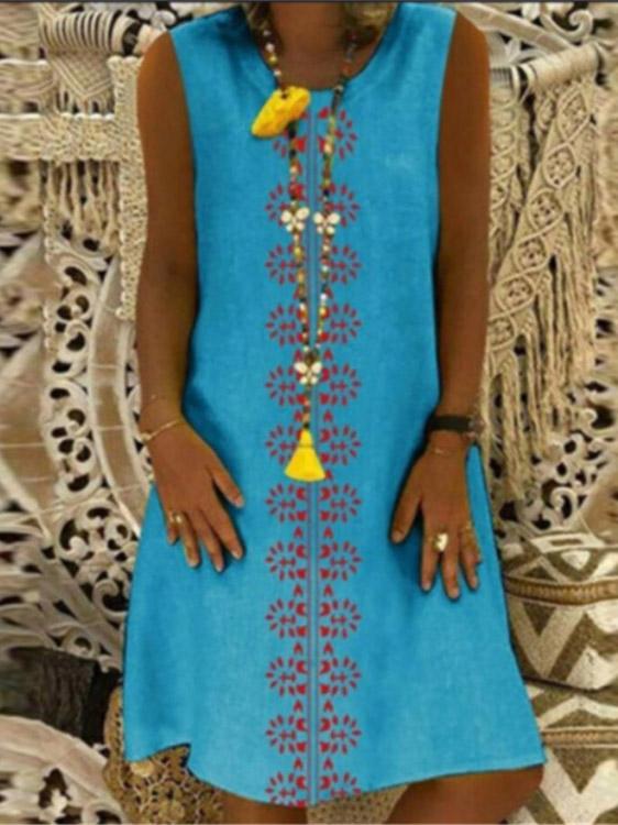 Printed Round-neck Sleeveless Midi Dress