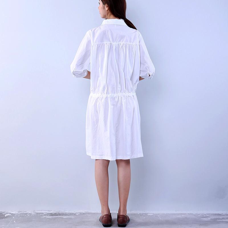 Cotton Loose Pocket Women Lacing White Dress