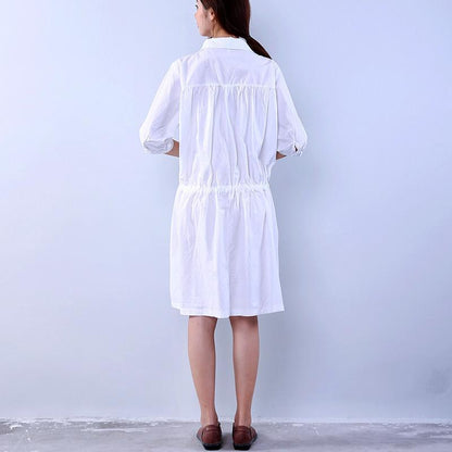 Cotton Loose Pocket Women Lacing White Dress