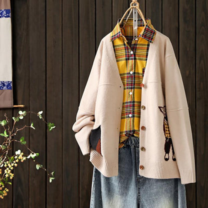 Buykud Cartoon Animal Embroidery Casual Sweater Coat