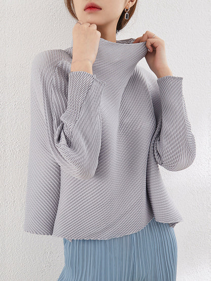 Loose Long Sleeves Pleated Solid Color High-Neck T-Shirts Tops
