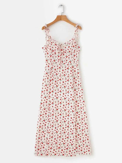 Printed Condole Belt Bandage Split-side V-neck Maxi Dress
