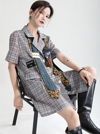 Urban Asymmetric Plaid Double Breasted Notched Collar Short Sleeves Mini Dress