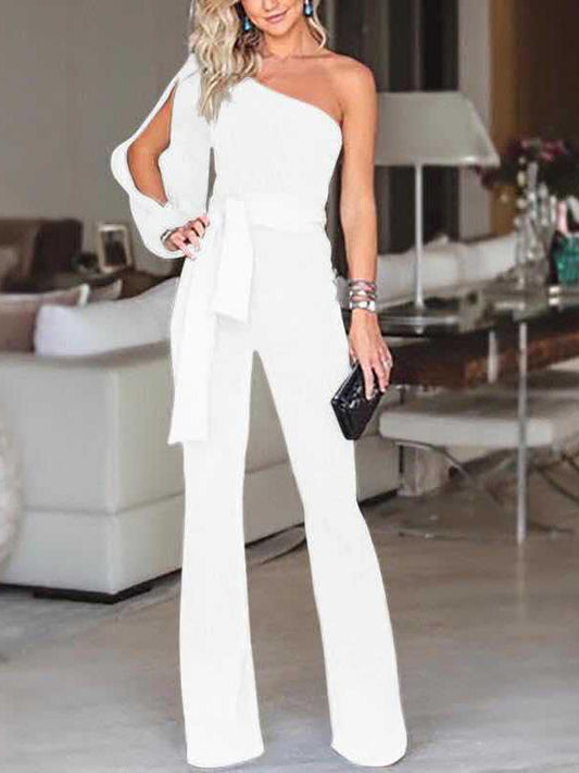 Solid Asymmetric Wide Leg Jumpsuits