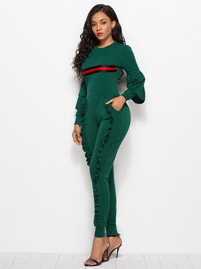 Striped Falbala With Pockets Sports Jumpsuit