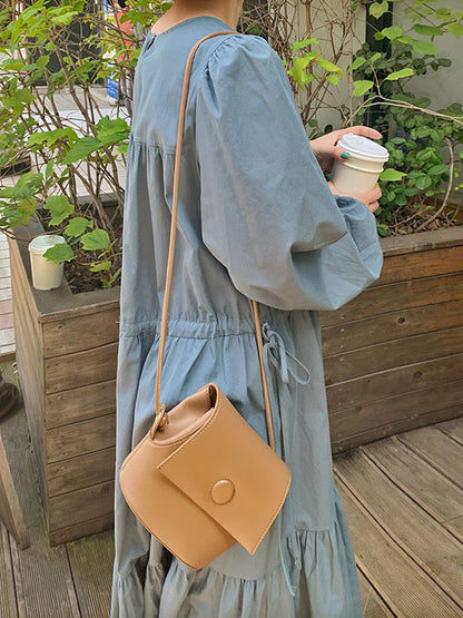 Casual Solid Color Pleated Drawstring Round-Neck Long Sleeves Midi Dress