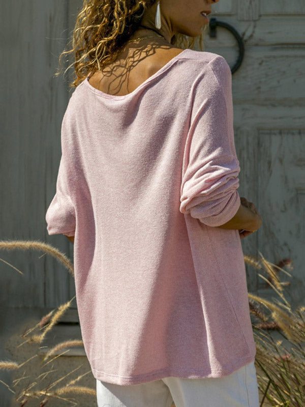 Simple Solid Color V-Neck Long Sleeves Pullover Knitwear