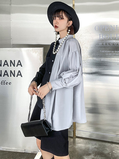 Irregular Casual Solid Color Pleated Buttoned Lapel Collar Long Sleeves Blouse