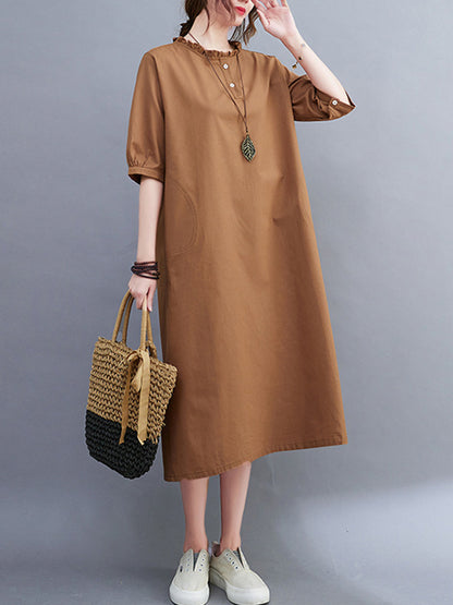 Simple Casual Artistic Retro Loose Solid Color Falbala Ramie Cotton Midi Dress