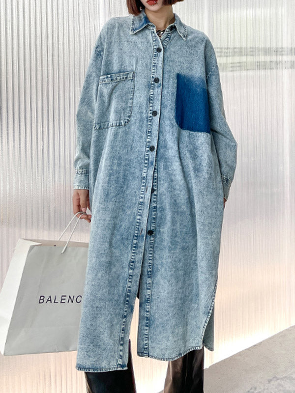Simple Cool Raw Denim Split-Side Split-Joint With Pocket Buttoned Lapel Collar Long Sleeves Midi Shirt Dress