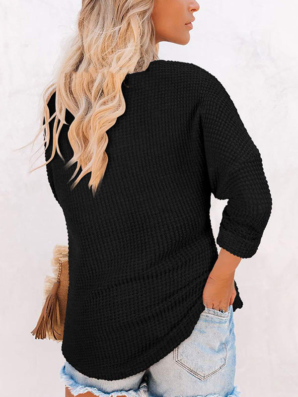 Casual Solid Color V-Neck Long Sleeves T-Shirt Tops