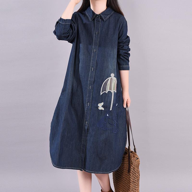 Buykud Cute Embroidered Umbrella Casual Denim Dress