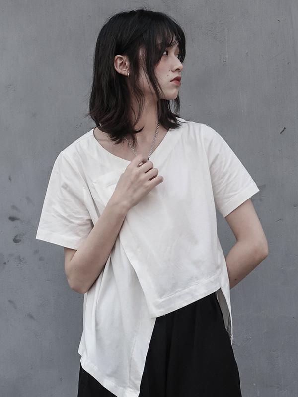 Simple Solid V-neck Asymmetric T-Shirt