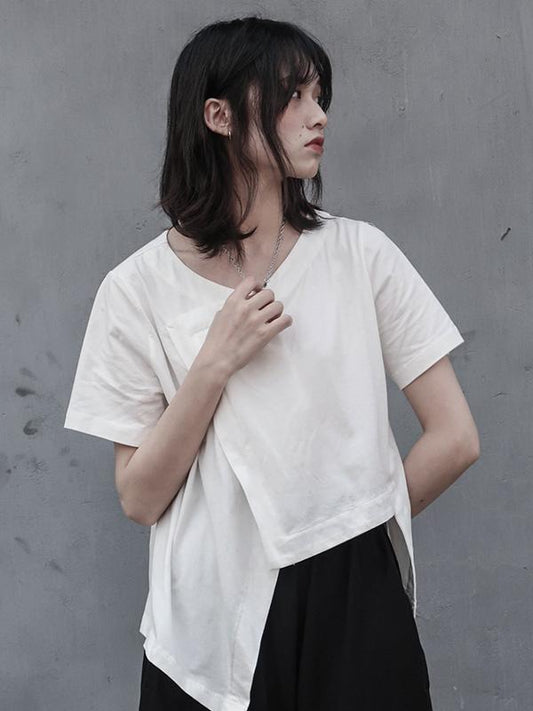 Simple Solid V-neck Asymmetric T-Shirt