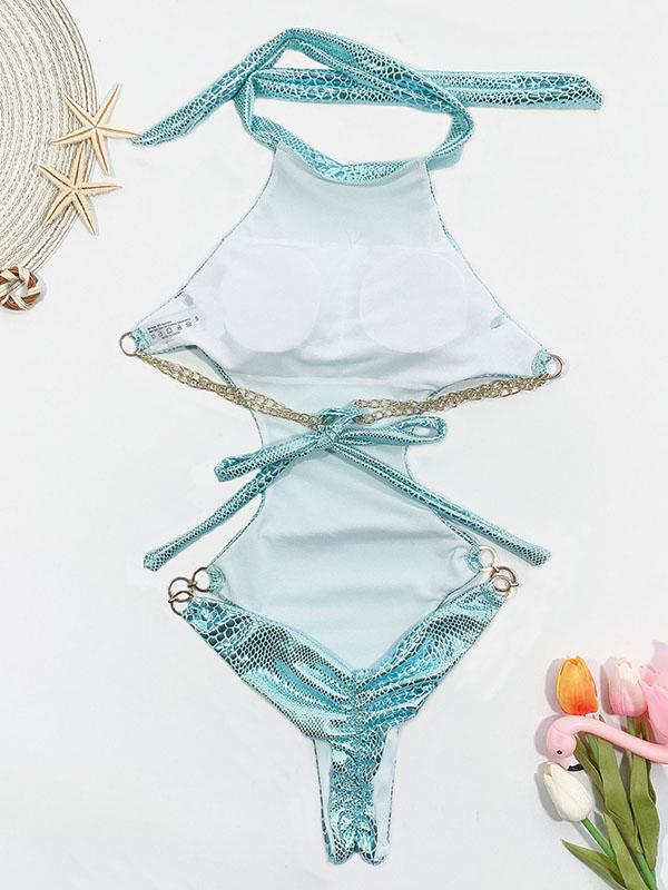 Stand Collar Snake-Print Backless One-Piece Swimwear