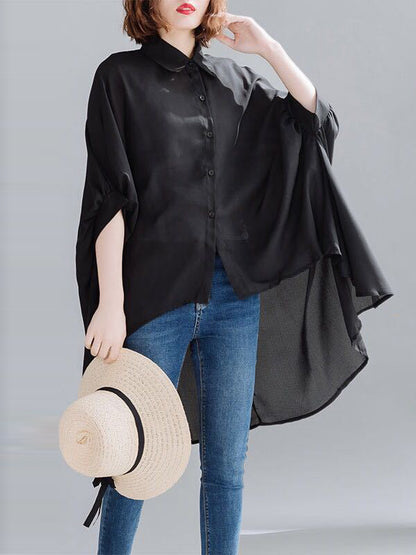 Casual Solid Color Irregular Pleated Buttoned Lapel Collar Batwing Half Sleeves Blouse