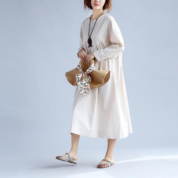 Cotton Khaki Casual Shoulder Sleeves Long Dresses