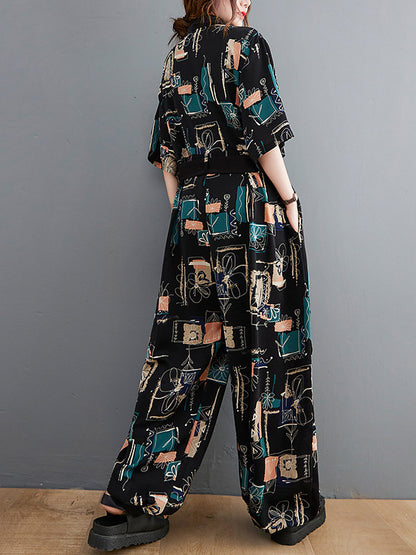Stylish Printed Belted Split-Side Lapel Short Sleeves Loose Jumpsuits